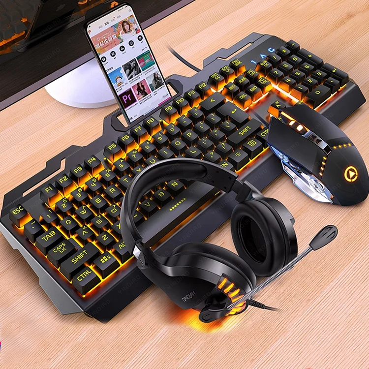 

Hot Sale V2 Stock RGB Gaming 4 in 1 Keyboard Mouse Headset Combo with Phone Holder