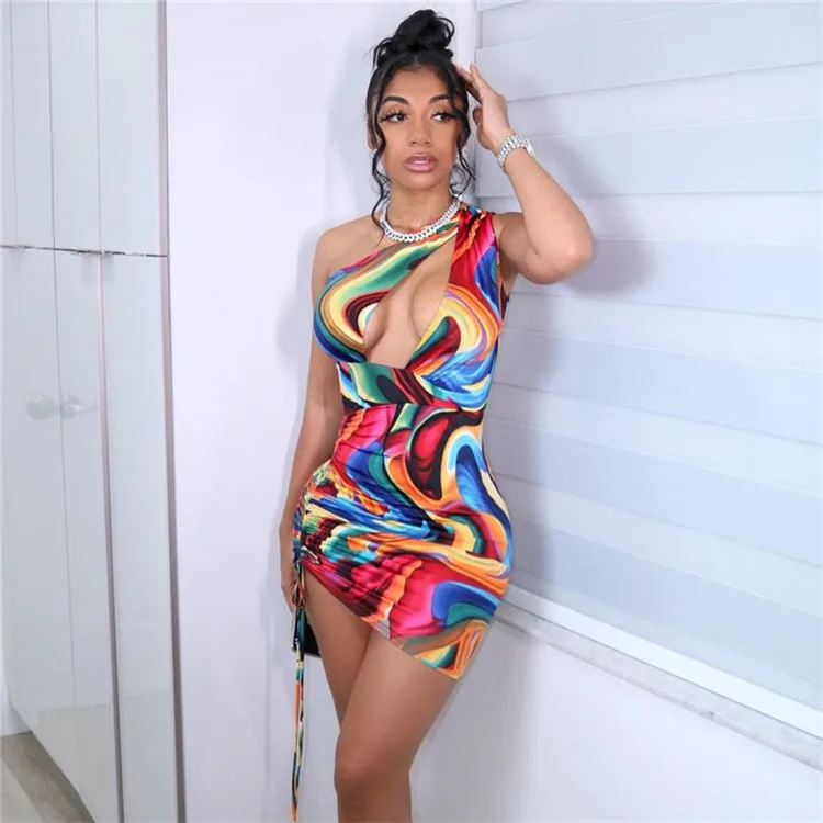 

Summer Print Hollow Out Sleeveless Bodycon Dress Party Clubwear Tight Drawstring Cheap Casual Women Dresses