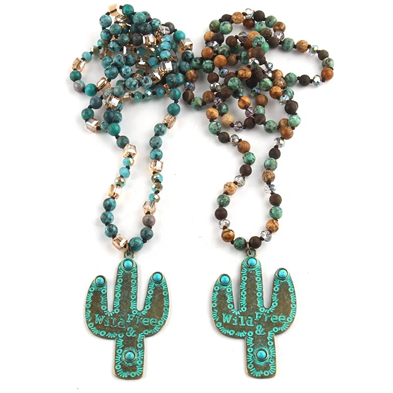 

Fashion Bohemian Green Jewelry Accessory 6mm Natural Stones Crystal Glass Knotted Necklace Metal Cactus Pendant Necklace