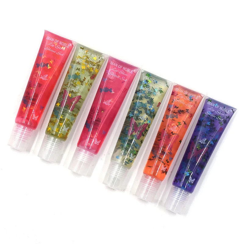 

Hot selling Fruity Sequin Butterfly Transparent Tube Colorless Moisturizing Lip Oil Nude Liquid Lipstick