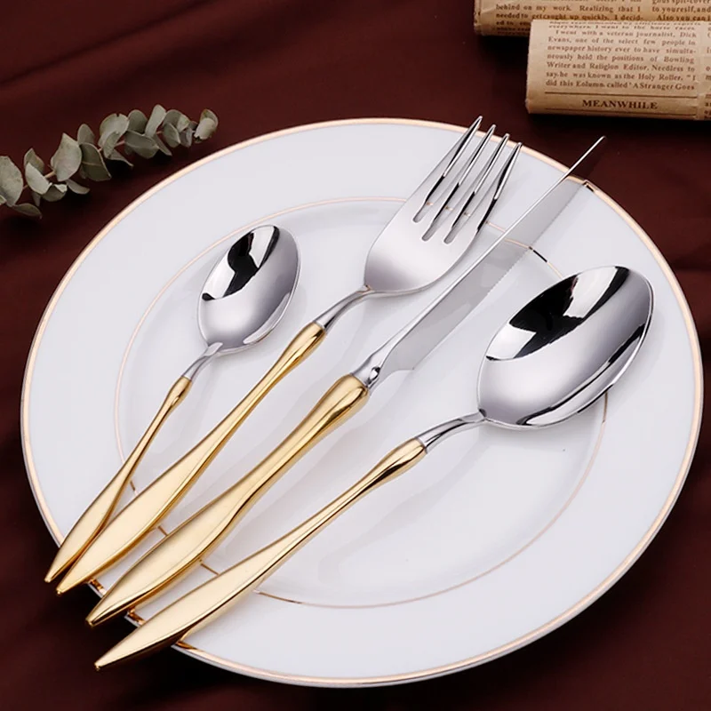 

New Hot Sale Light Luxury 304 Stainless Steel Cutlery Knife Fork Spoon Dessert Spoon Set Silverware Wedding Flatware Set