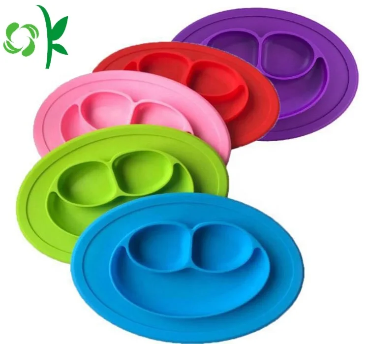 

OKSILICONE Hot Sale Silicone Baby Plate Smiley Plate Non-Slip Toddlers Food Feeding Silicone Baby Plate With Suction Feeding, Blue/green/red/purple/pink/customzied color