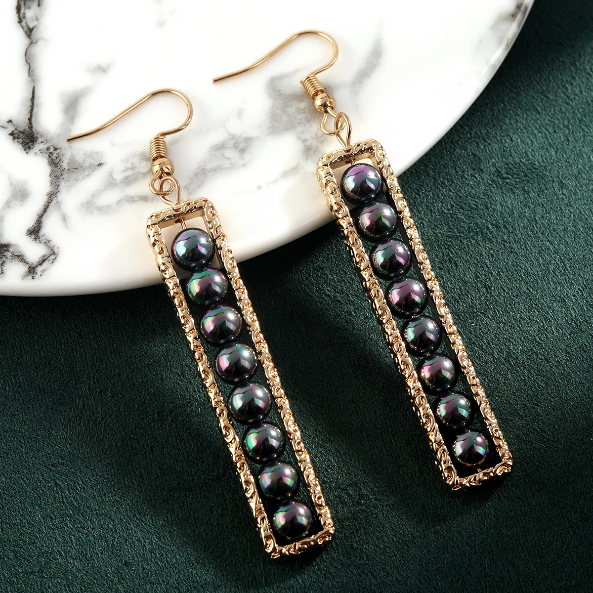 

Shiny 18k gold plating Rectangular dangle earrings hot sale Rainbow pearl beads earrings for women wholesale