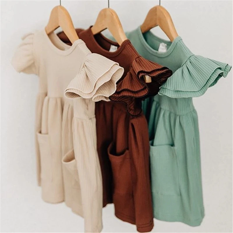 

P107001 Children Dress Autumn winter Ribbed Knitted Dresses Solid color Girls Ruffles Princess Dresses For Girls Casual Daily, Flower