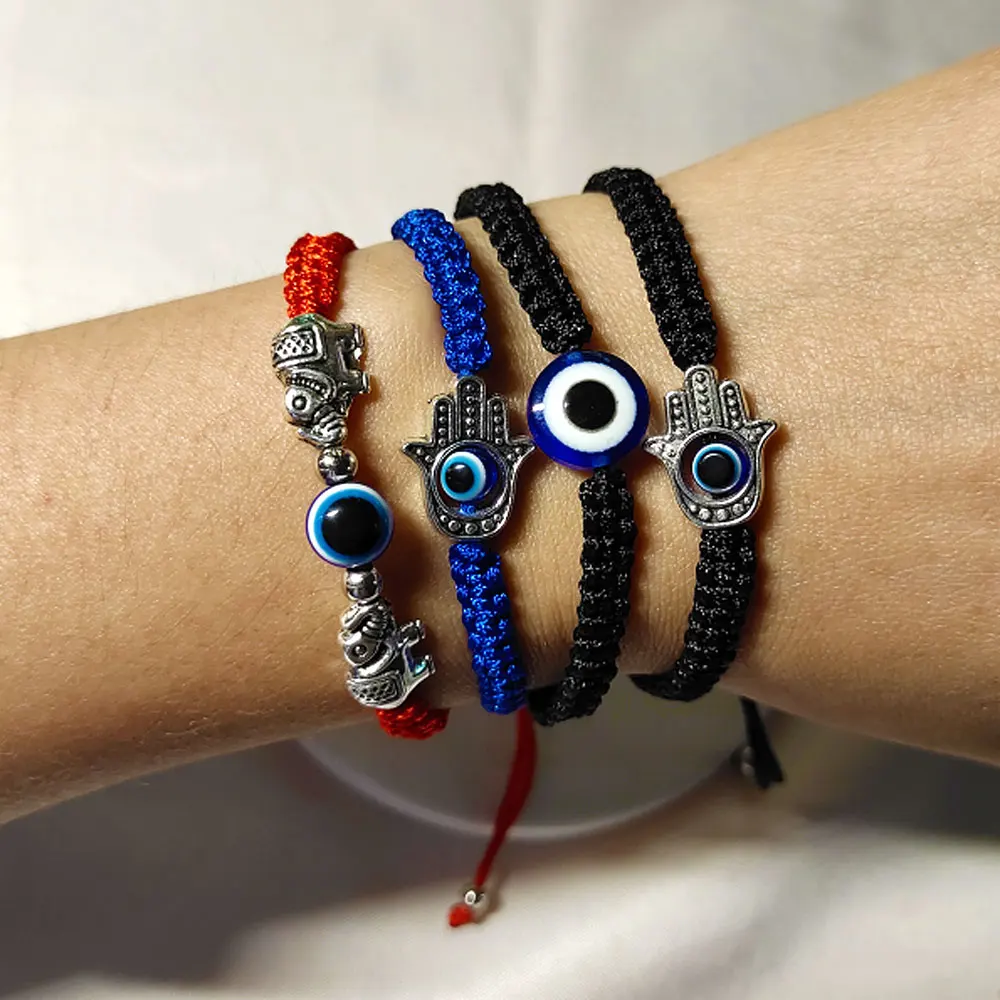 

men's fashion handmade d-evil eye hamsa hand elephant bracelet adjustable lucky red black blue string rope woven bracelet, Red black and blue