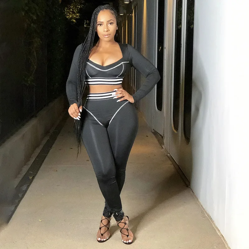 

2020 Fashion Sportswear Sexy Long Sleeve Cropped Tight Leggings Shapewear Stripe Winter 2Ppiece Women Outfit, 2 colors in stock