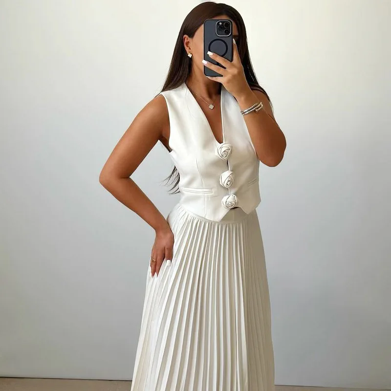 Boutique Wholesale 2026 Summer New Fashionable Sleeveless Vest Flower Half Body Pleated Women's Set