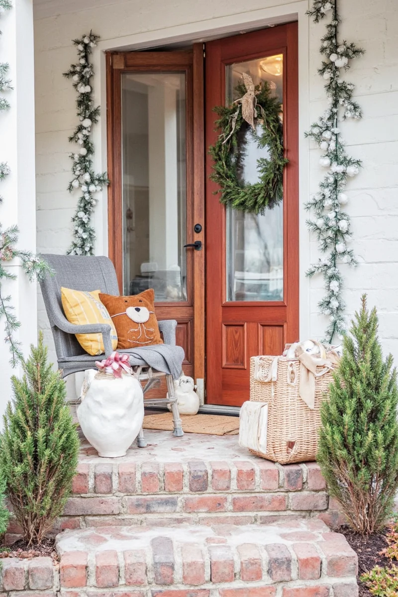 Dog lounging on decorated porch