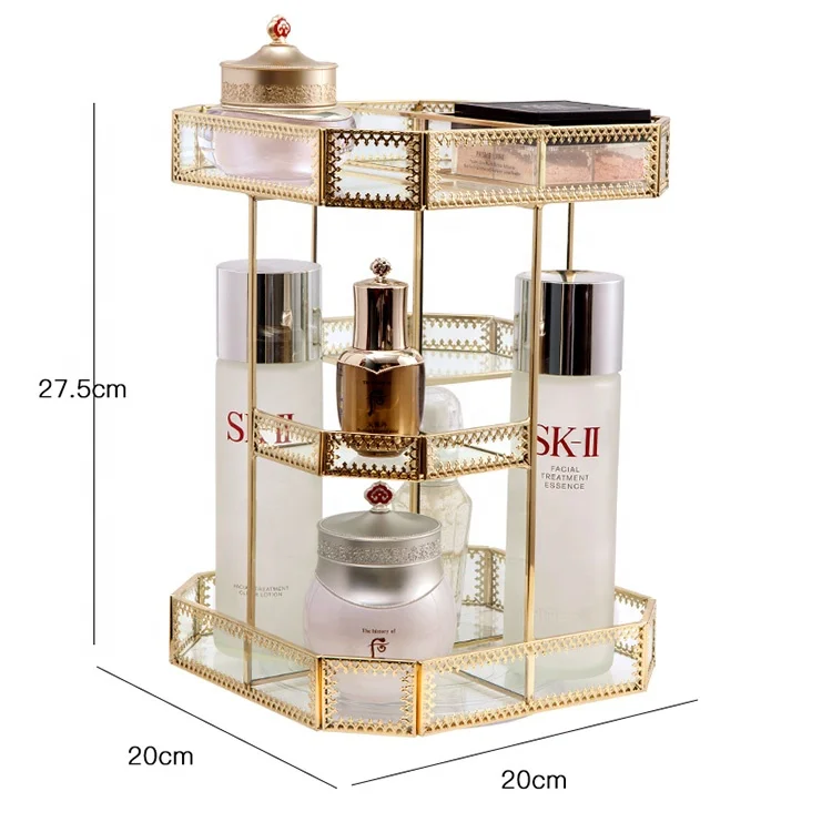 

Glass and Gold Frame 360 Rotating Vanity Organizer Makeup Organizer