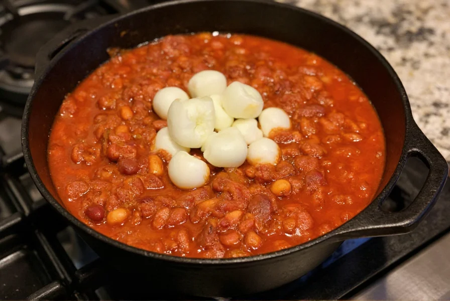 Cast iron pot with rich red Texas chili simmering on stove, no beans visible, garnished with fresh onion