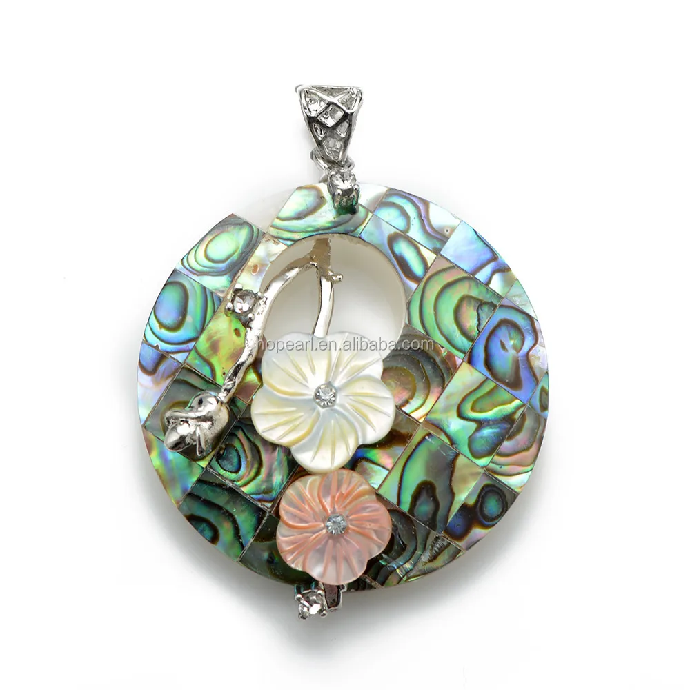 

MOP20 Beach Wedding Jewellery Yellow and Pink Flowers Round Paua Abalone Shell Pendant