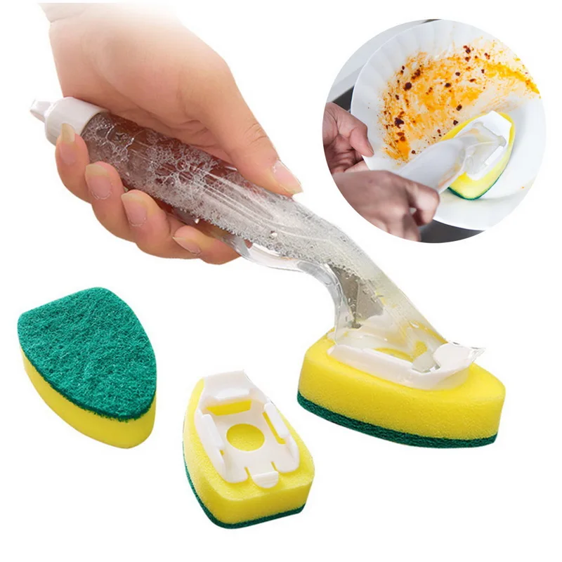 

Smart Soap Dispensing Dish Brush Kitchen Cleaning Sponge Pot Scrubber Cleaner with Non-slip Handle Replaceable Sponge, Transparent/yellow+green