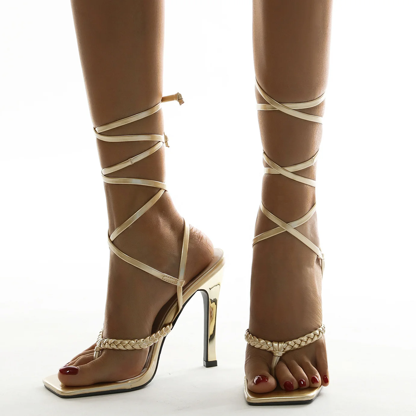 

Gold Single Knitting Band Cross Strap Square Clip Toe Women Sandals Summer Lace Up Outside Thin Heel Pumps Ladies Daily Shoes, Gold,white