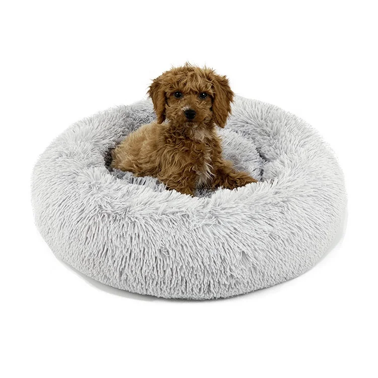 

Pet Products 2021 custom Faux Fur Dog Supplies Fluffy Shag Cozy Cuddler Washable Luxury Calming Round Donut Dog Bed