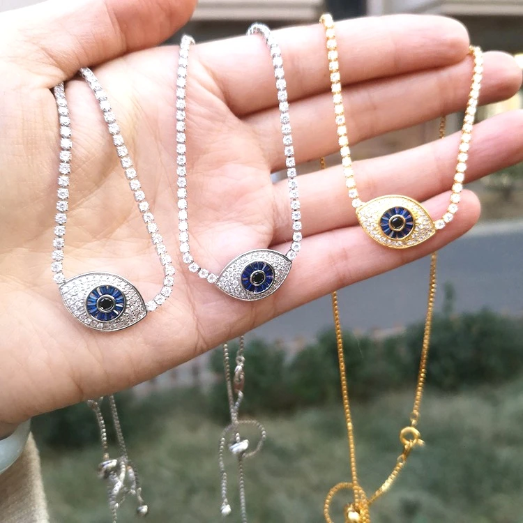 

Jialin Jewelry Lucky Blue Crystal Turkish Eyes Necklace Silver Gold Chain eye Pendant Necklace