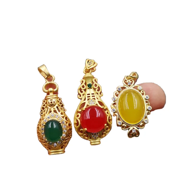 

925 Silver Inlaid Green Chalcedony Vase Pendant Red Agate Vase Pendant Yellow Egg-Shaped Agate