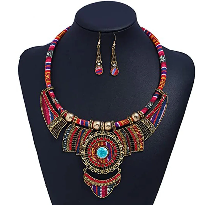 

Wholesale ethnic personality African resin ceramic cotton rhinestone red green statement jewelry set woman, Gold