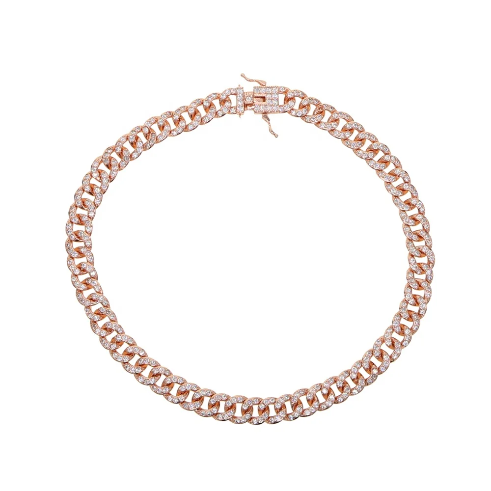 

38cm rose gold color full cz miami cuban link chain sparking bling women hip hop bling choker chain necklace