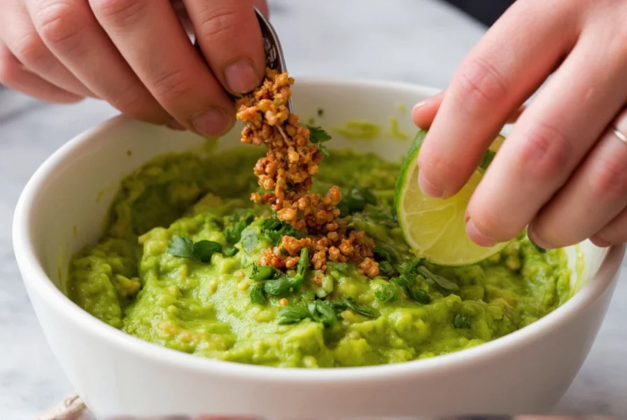 Chef's hands adding minced chipotle peppers to a bowl of fresh guacamole with avocado, lime, and cilantro