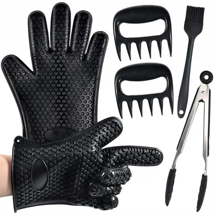 

2021 Wholesale 6 Pcs High Resistance Fancy BBQ Brush Food Tongs Claws Silicone Kitchen Cooking Utensil Set, Black or custom colours