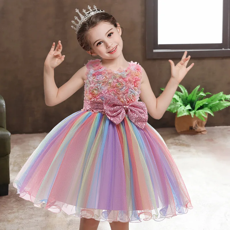 

Girls Formal Princess Dress Kids Lace Tulle Rainbow Elegant Evening Party Cake Tutu Prom Gown Children Wedding Communion Costume