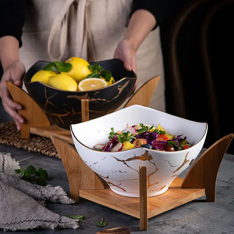 

Nordic Creative Fruit Salad Bowl Marble Gold Pattern Household Ceramic Tableware Soup and Noodle Bowl with bamboo Rack, As shown