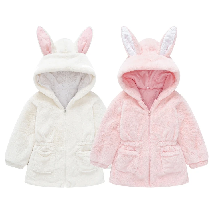 

M1246 Fall Little Girl Long Sleeve Bunny Ears Jackets Wool Sweater Faux Fur Warm Kids Girls Winter Coat, Picture shows