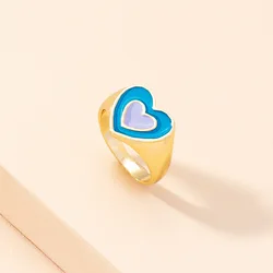 INS Popular Colorful Enamel Heart Rings Multi Color Oil Drip Double Heart Statement Rings For Women