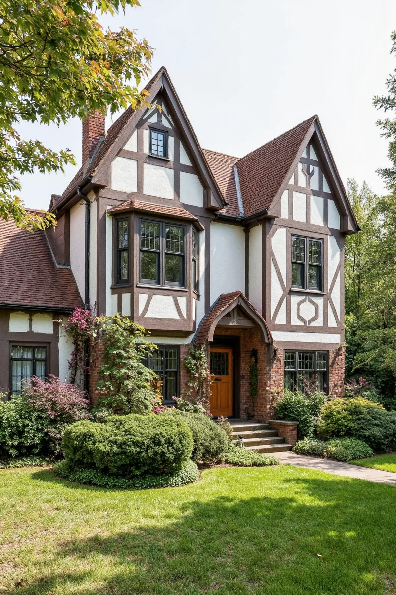 Tudor entryway with built-in benches