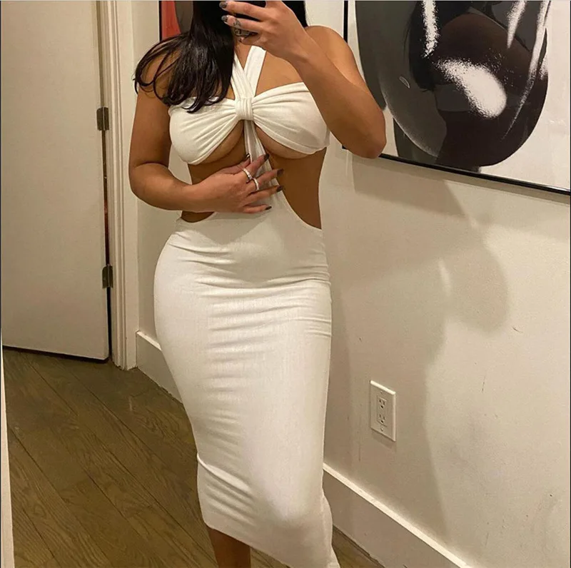 

2021 High quality A-line casual stylish sexy party halter hollow backless white midi dresses