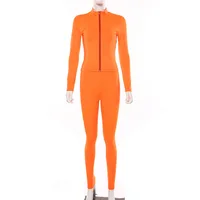 

neon pink orange two pieces set women fitness sportswear spring long sleeve skinny tops elastic leggings tracksuit