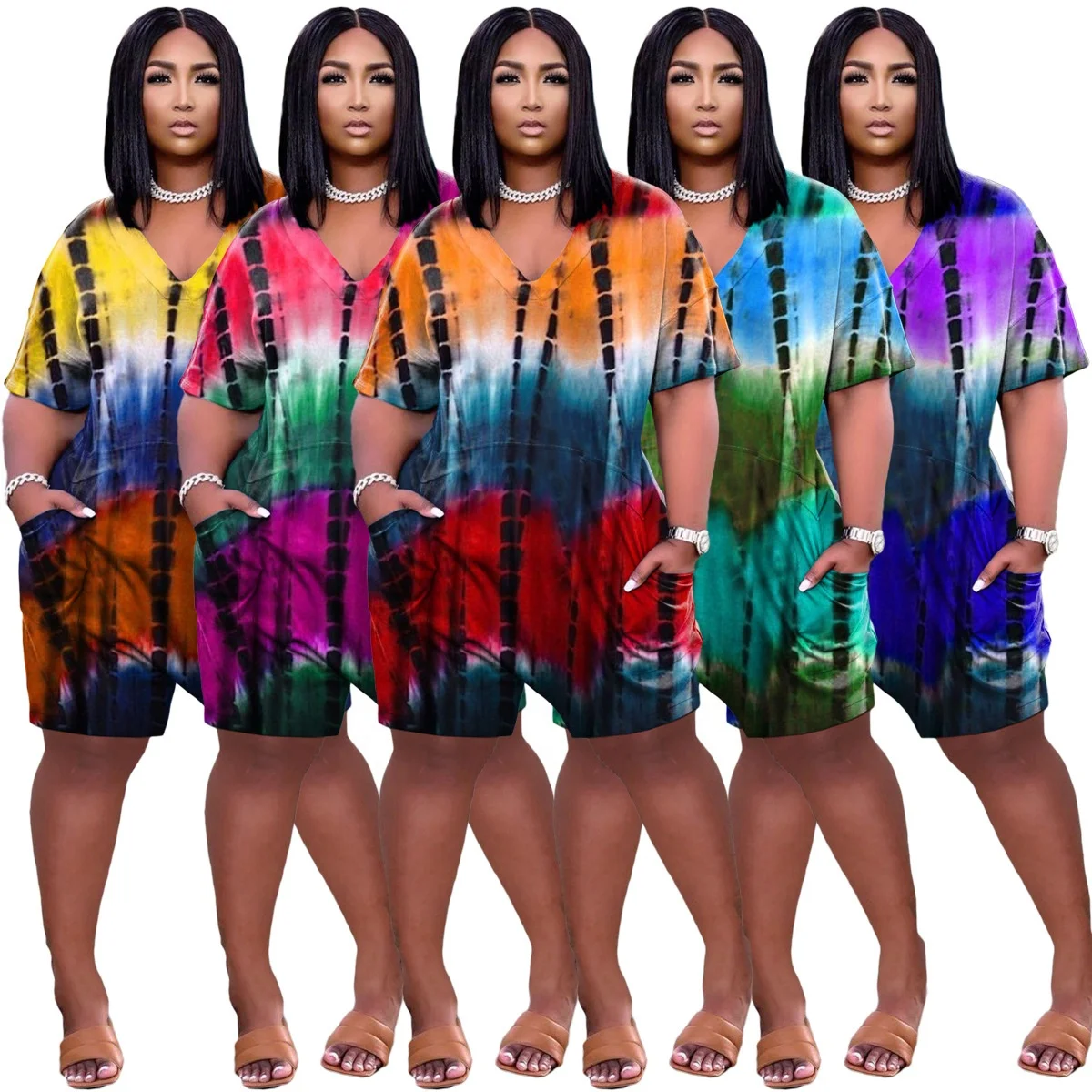 

2021 Wholesale Women plus size Clothing Tie dye Short Sleeves Casual Women jumpsuits Outfit summer one piece loose junpsuits, As picture