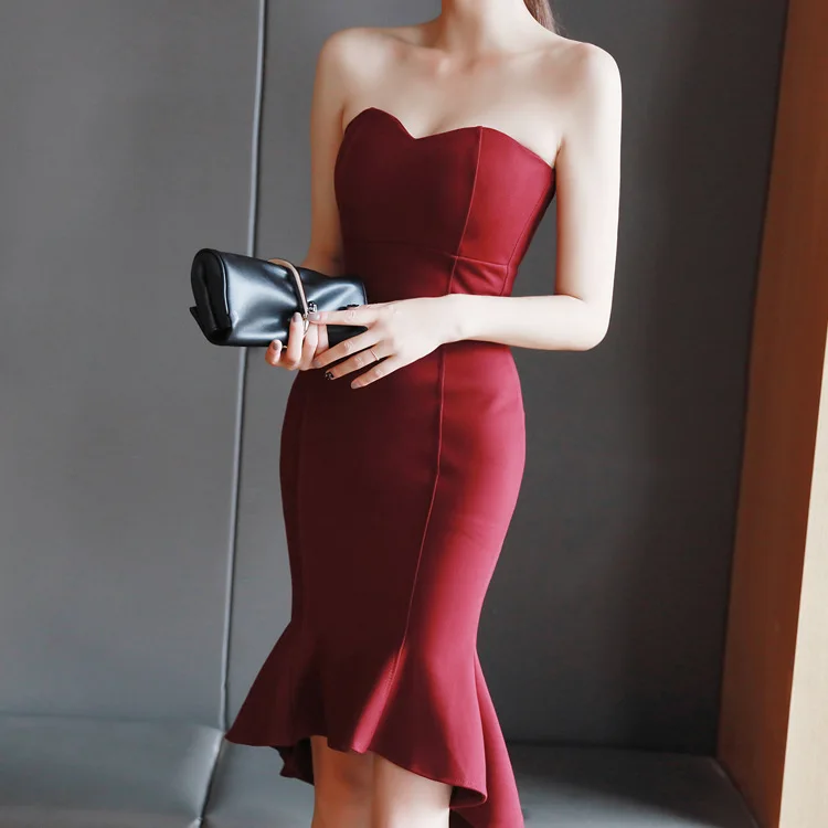 

2022 New Style Casual Off Shoulder Ruffle Club Tube Dress Women Sexy Bodycon Evening Party Mini Dress, Red, black