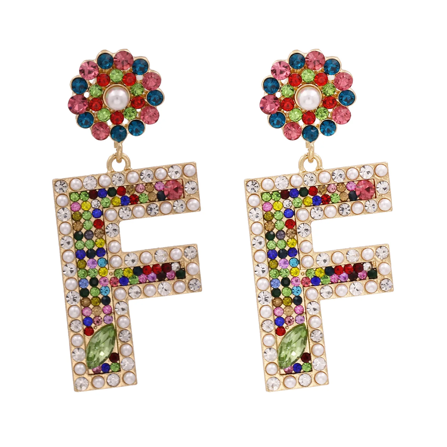 

New Boho Trendy Jewelry Crystal Letters F Drop Earrings Rainbow Rhinestone Geometric Flower Initial Letter Earring