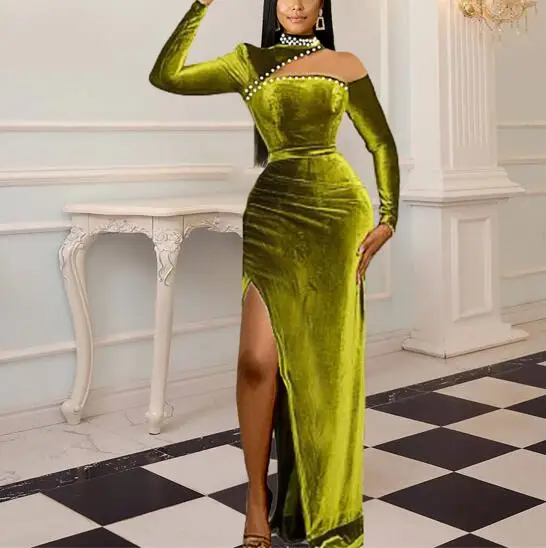 

Fall Velvet Home Coming Mesh Christmas AOMEI Beading Women Evening Dress, Green