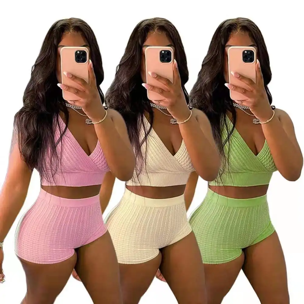 

Summer 2021 solid color rib knit fabric sexy v neck tank crop tops and hot shorts two piece biker shorts set women active wear