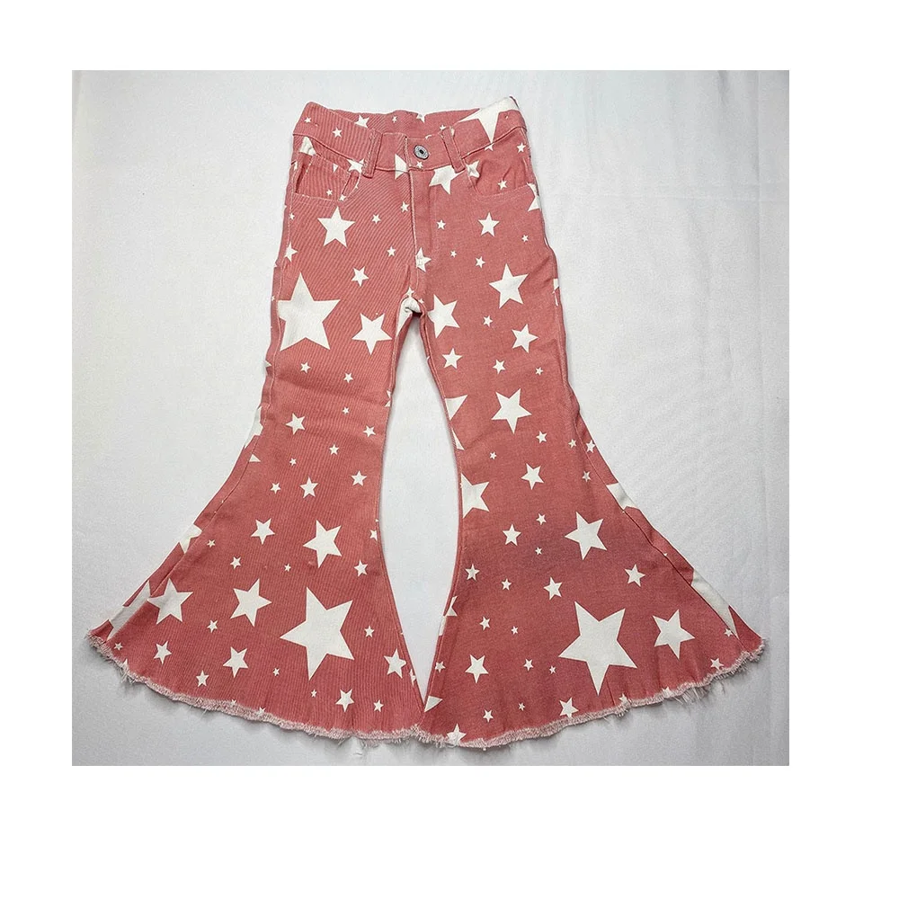 

Hot Sale Wholesale Spring Autumn Kid Ripped Pants Girls Star Flared Jeans, Picture shows