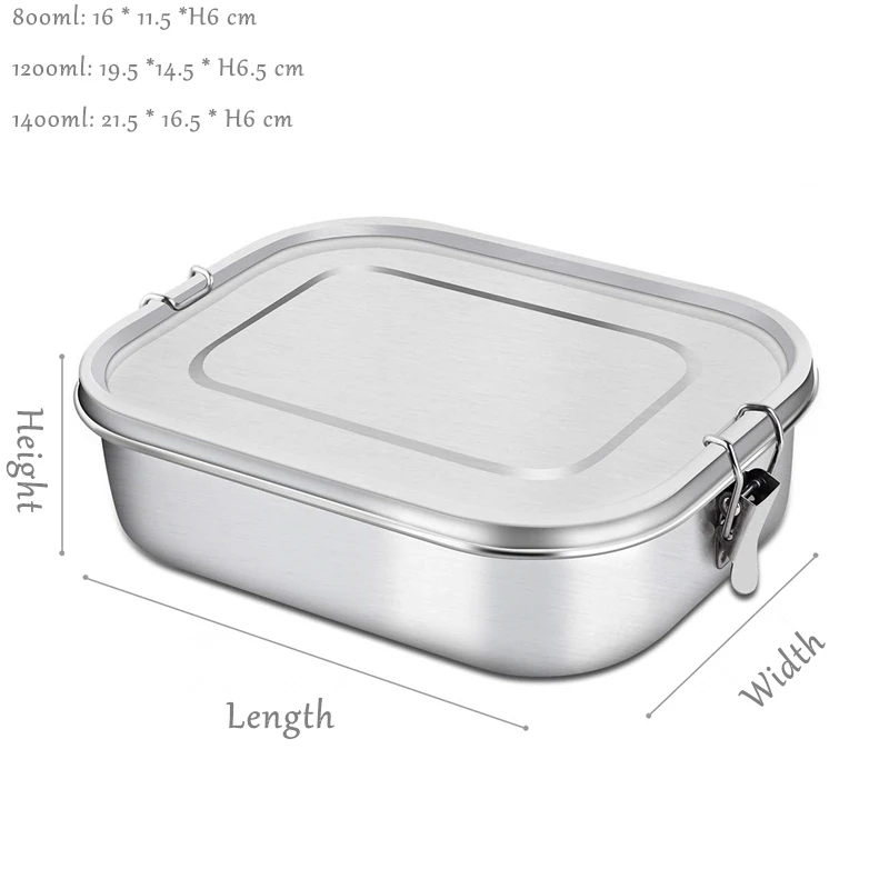 

800/ 1200/ 1400ml Rectangle metal 304 Stainless Steel kids school leakproof tiffin bento lunch box keep hot with compartment, Customized color acceptable