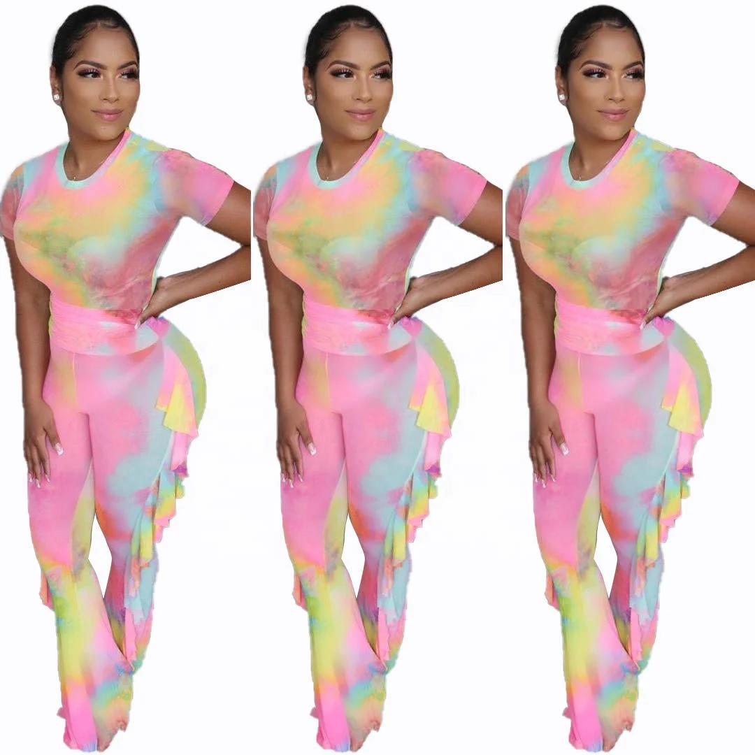 

B63000A Hot style net tie dyed fashion pants women two-piece suit, As picture