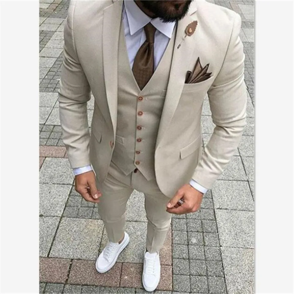 

LL063 Beige Mens Suits Three Piece Jacket Pants Vest Custom Slim Fit Male Blazer Wedding Groom Tuxedos men suit, Per the request