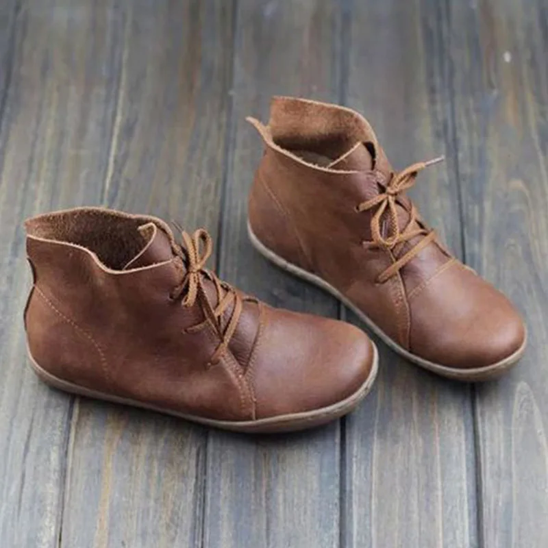 

New Big Size Ladies Flats Lace Up Light Weight Soft Retro Shoes Women Pu Leather Ankle Boots, Black/grey/green/blue/brown/wine red