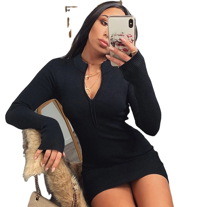 

Women Winter Fall Bodycon Ribbed Dress New Stand Collar Zipper Deep V-neck Solid Stretch Bodycon Pencil Party Mini Vestido