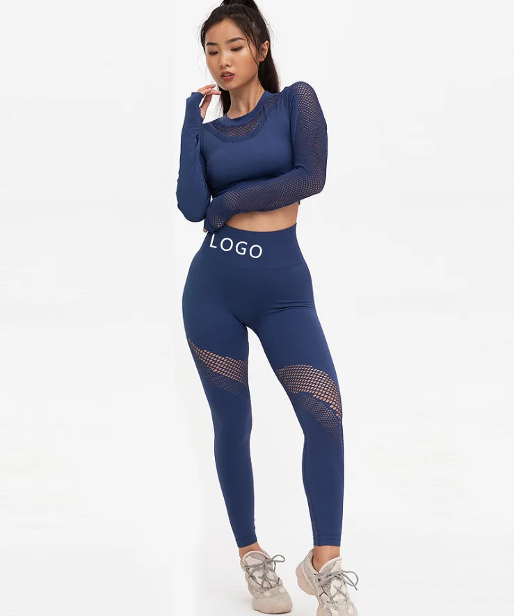 

2020 Spring And Summer Hot Style Hollow Seamless Mesh Stretch Yoga Wear High Waist Sexy Peach Pants Suit, As picture