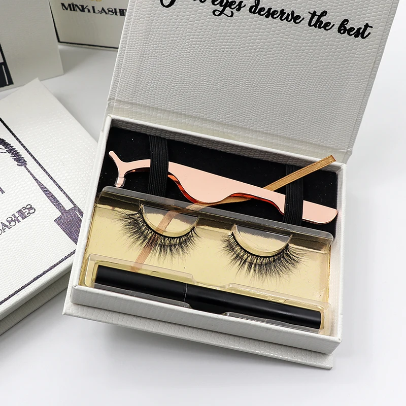 

Customized Box Design Bionic Material 2 In 1 Adhesive Eyeliner Lashes Tweezer Bulk 3D Faux Mink Eyelashes Wholesale, Black