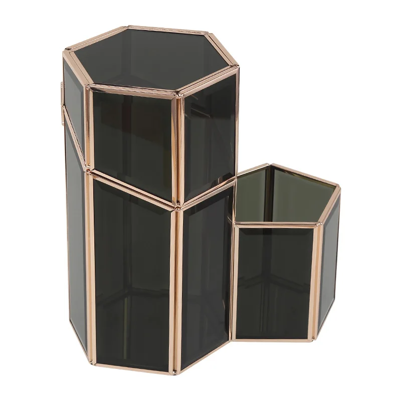 

High Quality Black Glass Makeup Tools Organizer Holder Partition Storage Combination Holder With Dustproof Cover Give Away Beads