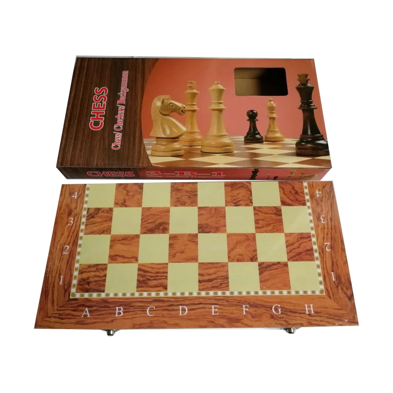 

3-in-1 Wooden Chess Set with Foldable board 39*39 CM color box packaging chess