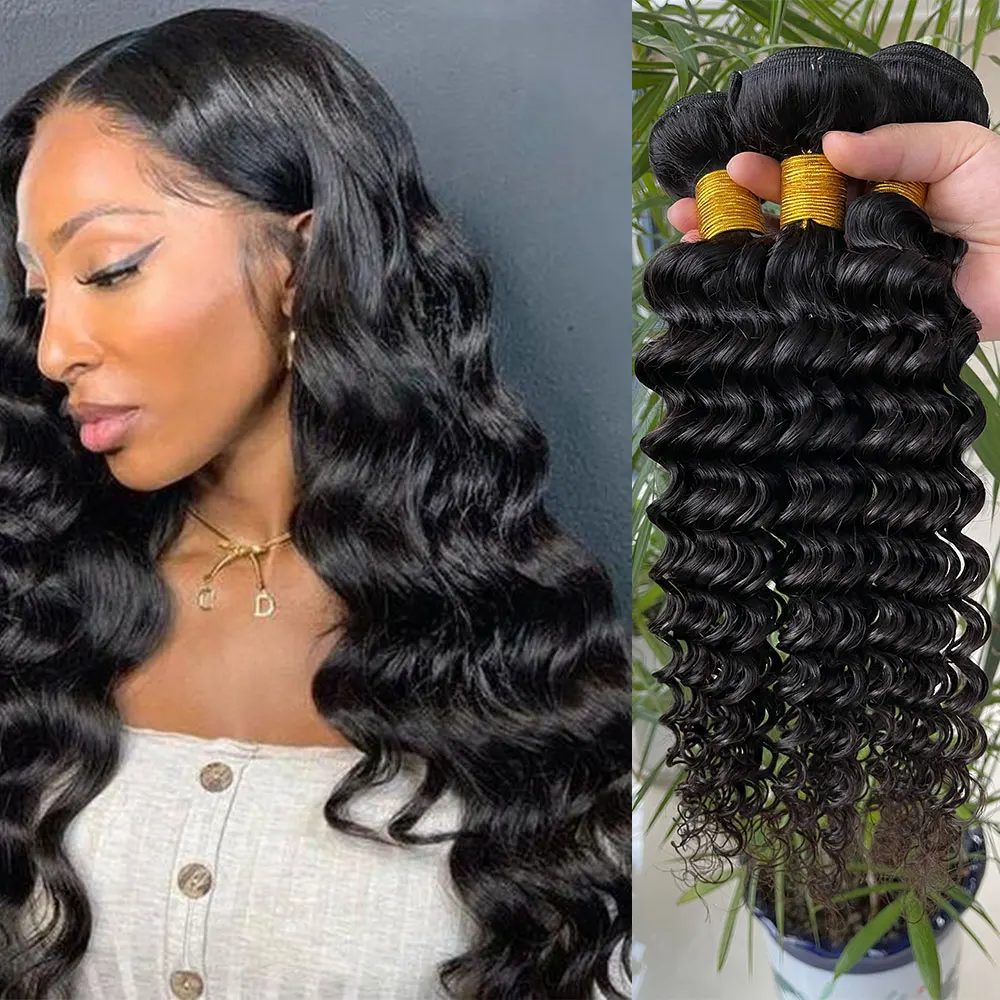 

Cuticles Aligned unprocessed raw deep wave bundles, grade 10a peruvian hair bundles with 360 closure