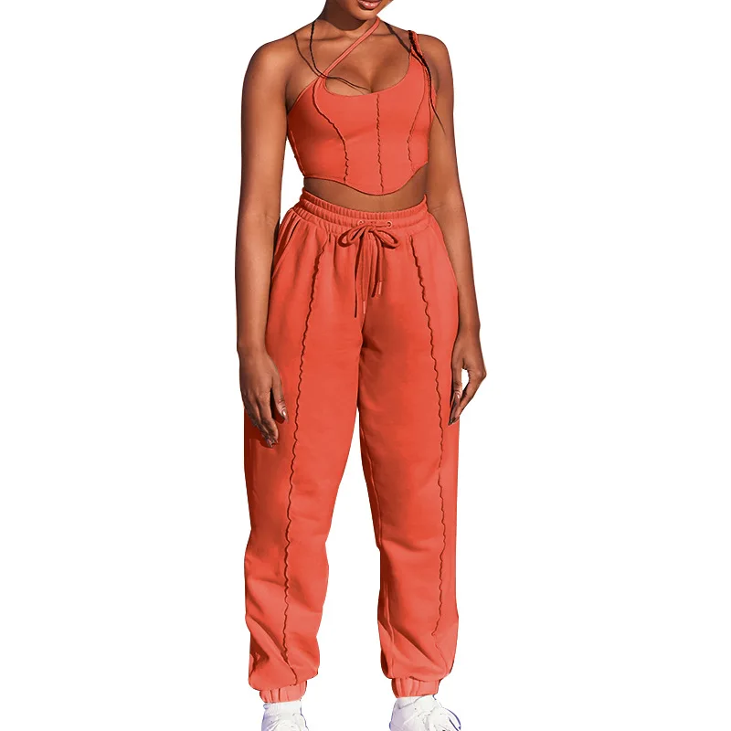 

2021 Summer New Fashion Women Clothing Sets Ladies Sexy Solid Color Suspender Crop Top Pants Two Piece Set, Orange,green,khaki