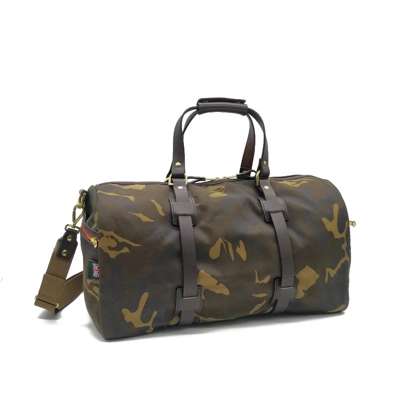 

Waxed Camouflage Canvas Black Vegetable Tanned Leather Duffle Bags Waterproof YKK Zipper Military Travel Bag, Army green