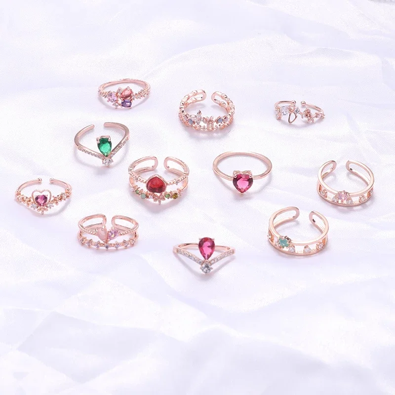 

Korea Sweet Rings Wedding Jewelry Crystal Flower Cubic Zircon Adjustable Rings for Women Finger Jewelry Dainty Engagement Rings, As picture